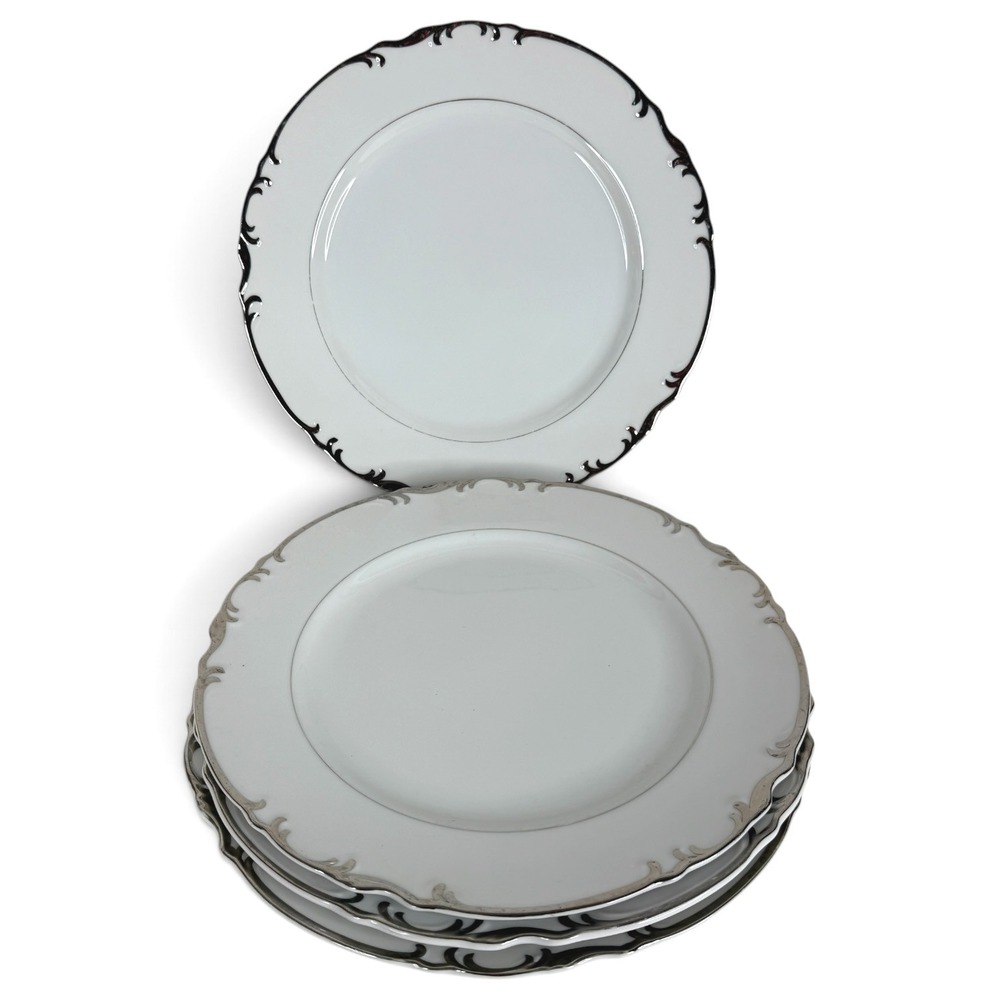 4 Mikasa Marlboro Dinner Plates 9267 China White Platinum Scallop Trim Set Lot